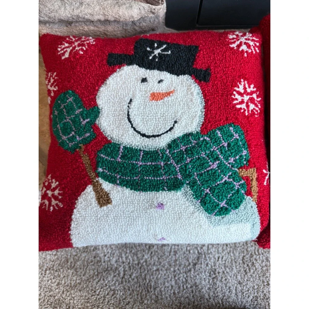 Christmas Decor Santa and Snowman Hand Hooked Throw Pillow Set Red Holiday 15X14